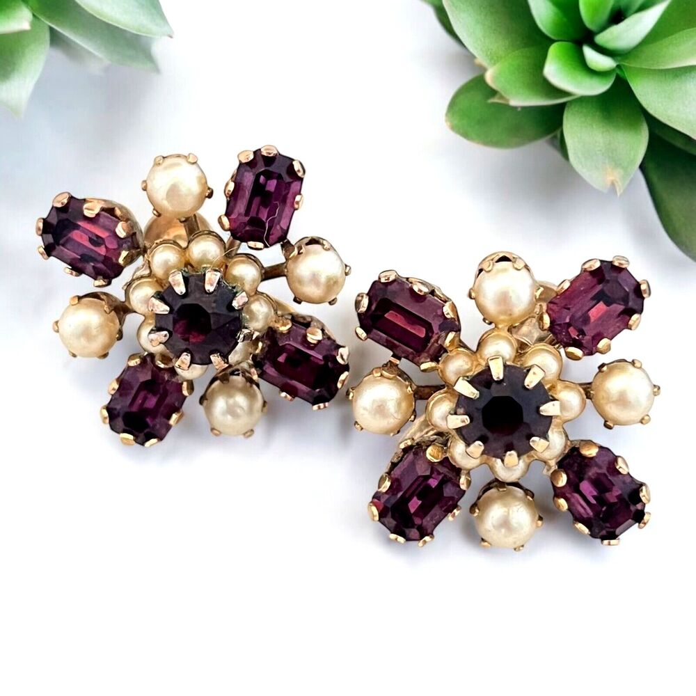 Vintage 1950s Screw Back Earrings Purple Rhinestone Faux Pearl Gold Tone - 9A